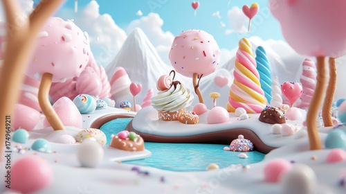 Sweet Candy Winter Wonderland with Cupcakes, Candies, and Icy River, Ideal for Dessert, Fantasy, and Holiday Themed Designs