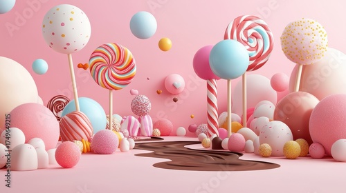 Pastel Candy Landscape with Lollipops, Spheres, and Chocolate River, Perfect for Sweet, Fantasy, and Childhood Themed Designs