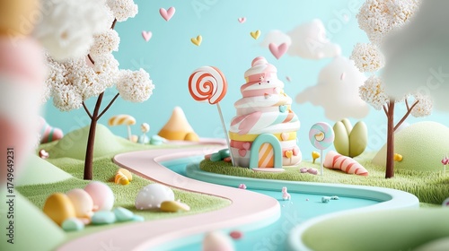 Pastel Candy Land with River, Lollipops, and a Whimsical House, Perfect for Sweet, Fantasy, and Childhood Themed Designs