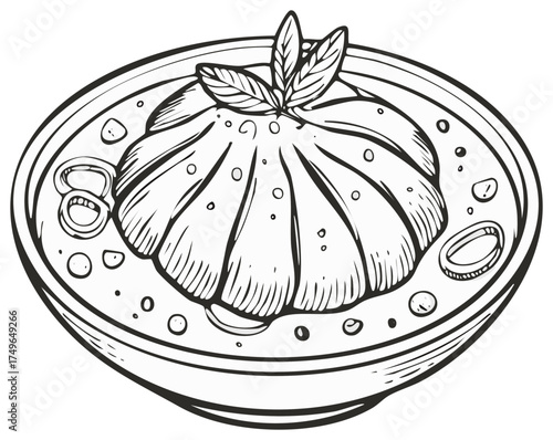Vector Dumpling with Broth and Basil in Bowl, Monochrome Hand-Drawn Illustration