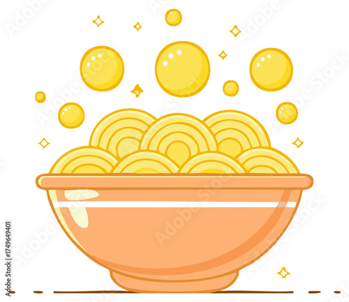 Delicious bowl of steaming hot spaghetti with bubbles and sparkles illustration
