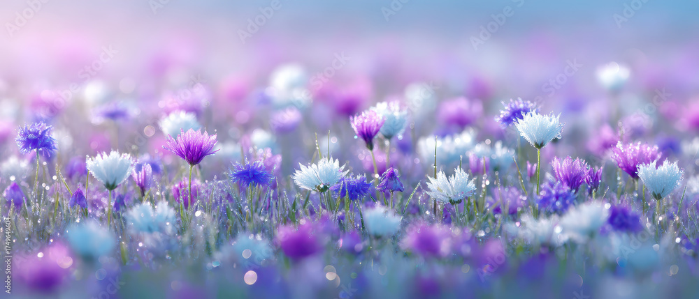 Naklejka premium Dreamy field of blooming wildflowers in shades of purple, blue, and white, with soft morning light and sparkling dew drops creating magical, tranquil atmosphere