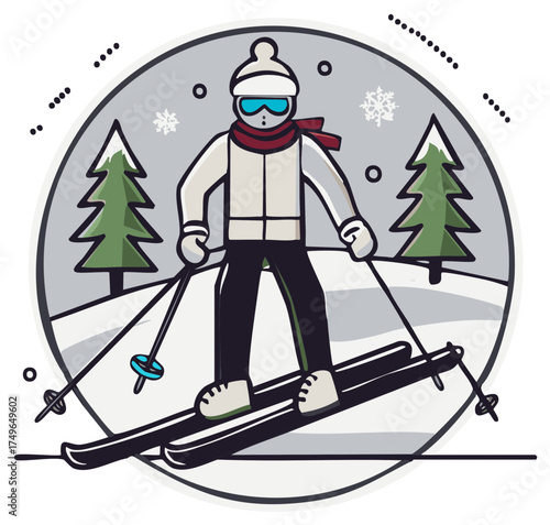 Skier in winter landscape inside an oval frame, winter activities