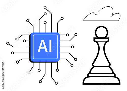 Blue AI chip connected to a network of circuits next to a chess pawn and a cloud. Ideal for AI, strategy, innovation, future technology, machine learning, decision-making, problem-solving. A simple