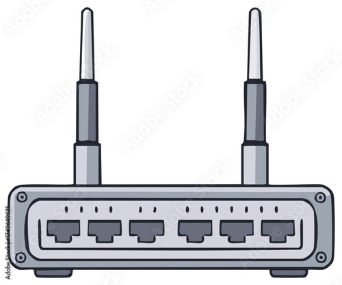 Network router illustration with two antennas and multiple Ethernet ports