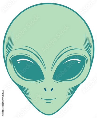 Classic green alien head with large eyes vector illustration sci fi character graphic