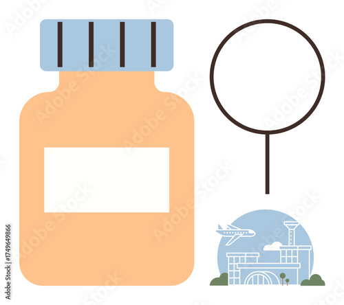 Large medicine bottle, magnifying glass for exploration, airport with airplane for travel connection. Ideal for healthcare, travel safety, research, logistics, pharmaceuticals, diagnostics simple