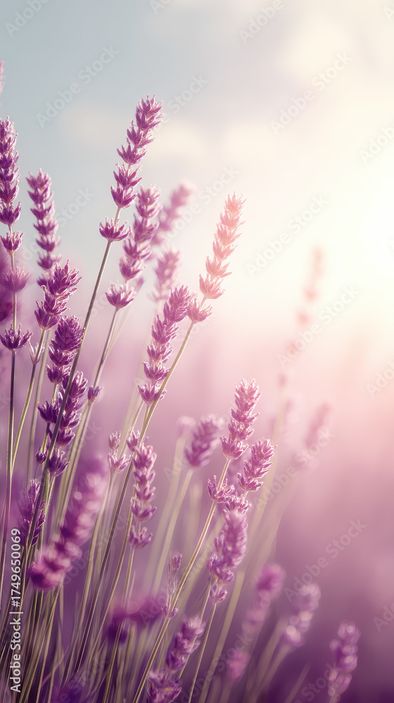 Fototapeta premium Dreamy soft focus photo field lavender flower purple sunlight nature dreamy soft focus photo of field of lavender flowers with purple hues and sunlight creating peaceful and calming natural