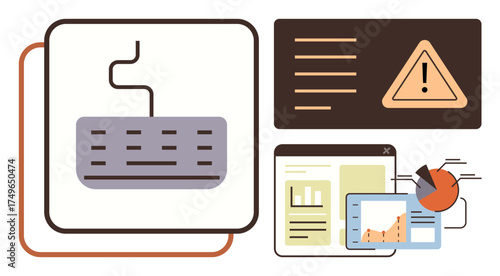 Keyboard, analytical dashboard, graphs, and warning triangle representing data workflow, analytics, digital productivity, and cybersecurity risks. Ideal for technology, analysis data alert risk
