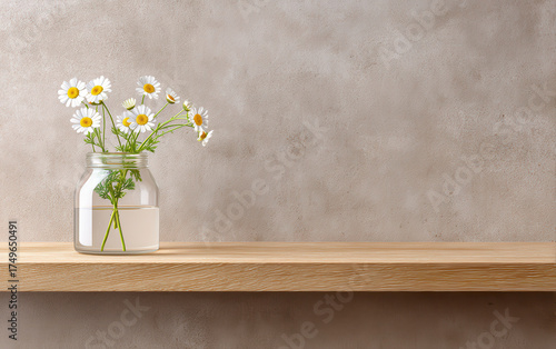 Wallpaper Mural White daisy flower glass jar wooden shelf minimal style neutral background simple decor peaceful mood home interior natural light fresh plant Torontodigital.ca