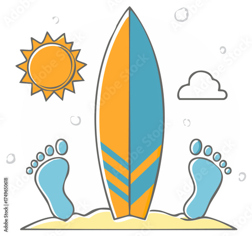Surfboard and footprints in the sand on a sunny beach day cartoon illustration