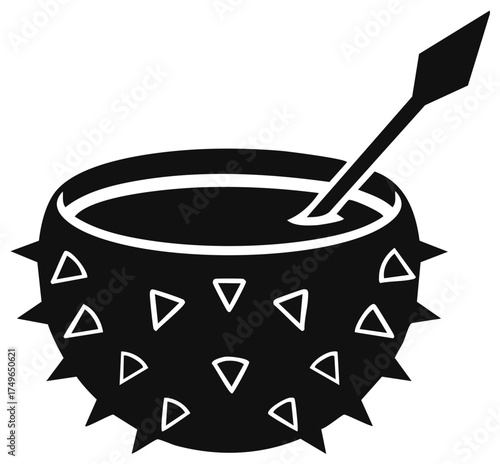 Spiked bowl with spear illustration, black and white design, decorative element