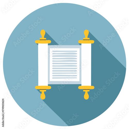 Religious Scripture Scroll Icon with Text and Golden Handles Flat Design Style