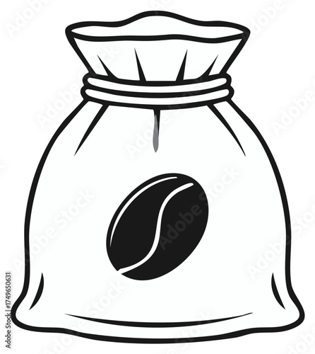 Stylized coffee bean on a drawstring burlap sack icon