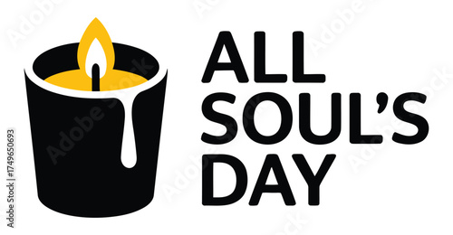 all soul's day icon with black candle, yellow flame, and bold text, symbolic graphic for remembrance, prayer, and honoring the departed
