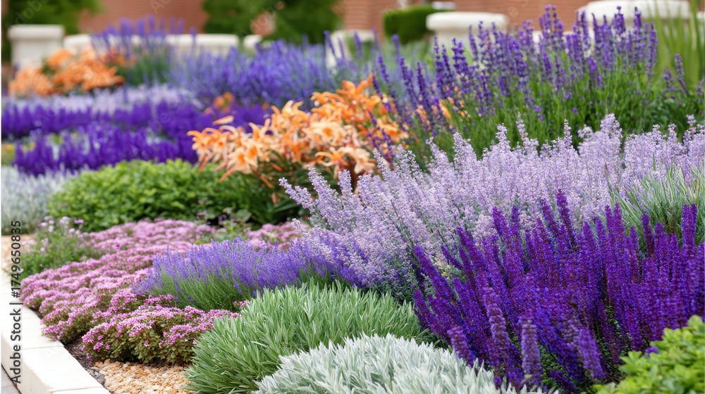 Obraz premium Colorful lavender, sage, and perennial flowers bloom in vibrant garden bed, surrounded by lush green foliage and ornamental grasses, creating peaceful and inviting outdoor landscape