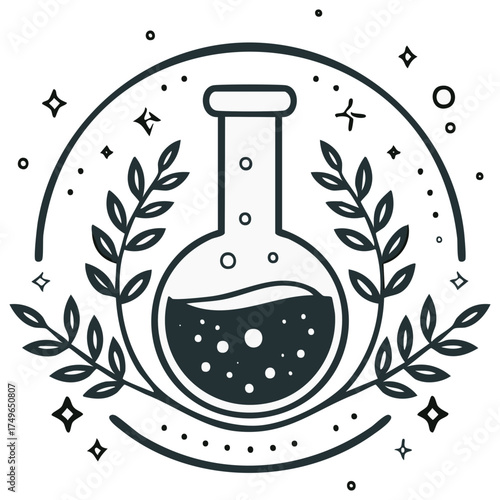 Magic Potion Flask Surrounded by Leaves and Stars Minimalist Outline Illustration