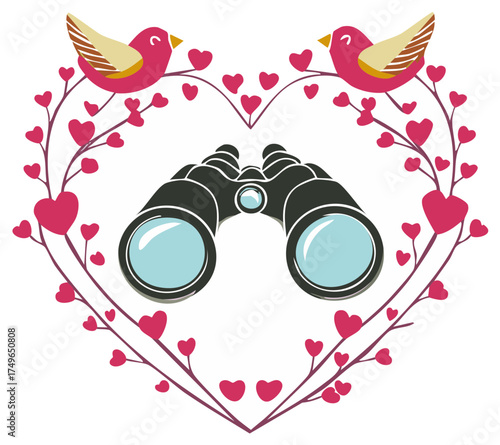Romantic birdwatching concept with binoculars and two lovebirds in a heart frame