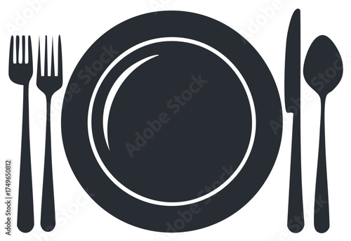Black Place Setting Vector Illustration Round Plate Knife Spoon and Forks Restaurant Dinner Table