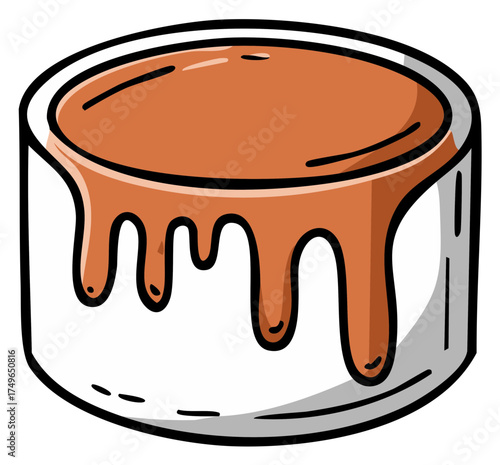 Cartoon style illustration of a can of brown paint with flowing, dripping drips.