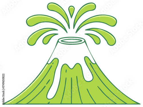 Green volcano erupting with lava spouting illustration with lime outline on white background