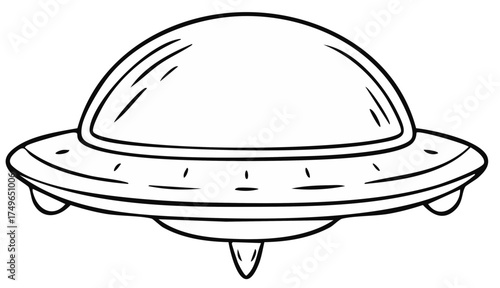 Cartoon style black and white line art of a classic UFO or alien spacecraft