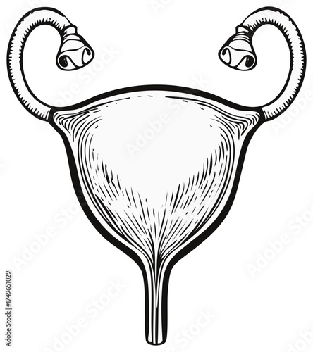 Female reproductive anatomy vector illustration, black and white outline of the uterus and ovaries