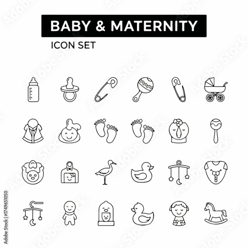 Minimalist outline icon set for baby and maternity, featuring essential items like bottles, pacifiers, strollers, and toys, perfect for newborn care and pregnancy design.