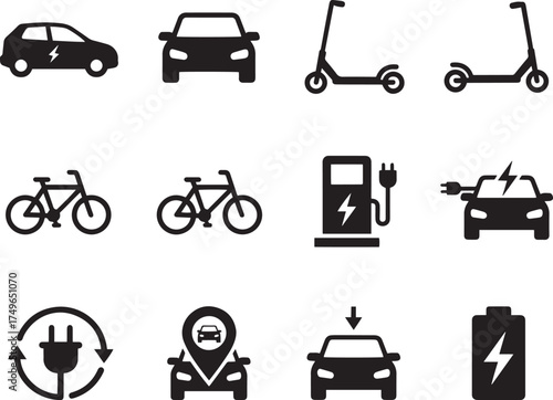 Electric Vehicle (EV) and E-Mobility Icons - Charging and Sustainable Transport Vector Set