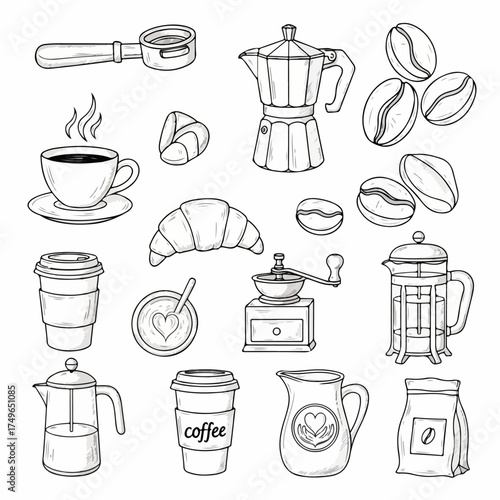 Hand-drawn coffee and breakfast elements collection, featuring brewing equipment, beans, cups, and a croissant in a monochromatic sketch style, ideal for cafe menus or designs.