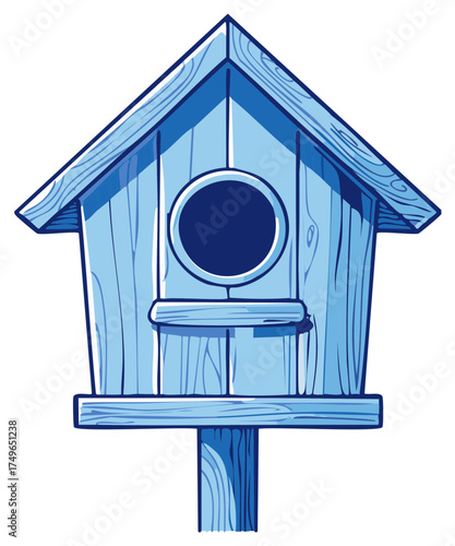 Vector illustration of a simple blue wooden birdhouse on a post