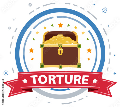 Golden treasure chest with coins and 'TORTURE' banner, wealth temptation concept illustration