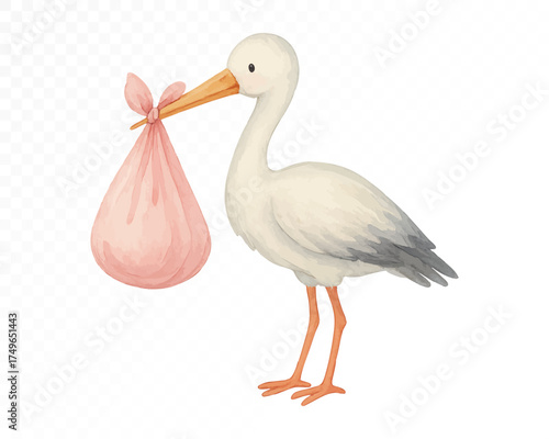Charming watercolor stork carrying pink bundle for newborn baby girl, gentle pastel illustration symbolizing birth and delivery, perfect for nursery decor and baby shower. Vector illustration.