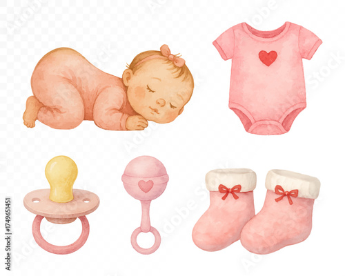 Watercolor baby girl sleeping with pink baby accessories, bodysuit, pacifier, rattle and booties, adorable newborn set illustration for nursery art and baby shower design. Vector illustration.