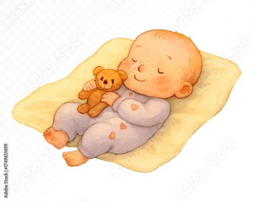 Watercolor baby sleeping peacefully on soft yellow blanket while cuddling little teddy bear, adorable newborn art for nursery wall decor and baby shower design. Vector illustration.