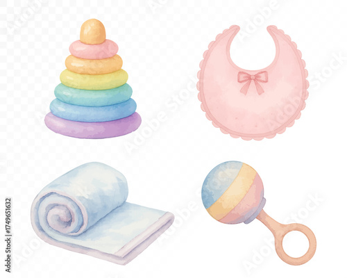 Watercolor baby essentials set with pastel pyramid toy, pink bib, soft blanket and rattle, cute newborn nursery accessories illustration for baby shower design. Vector illustration.