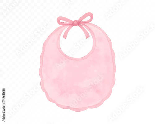 Delicate watercolor pink baby bib with ribbon bow, soft pastel nursery illustration perfect for newborn girl feeding accessories, baby shower and decor design. Vector illustration.