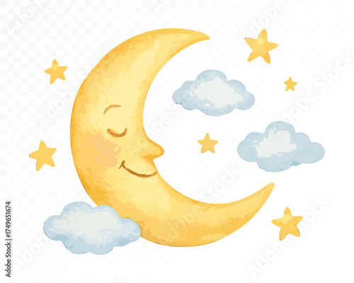 Charming watercolor crescent moon with smiling face surrounded by yellow stars and soft blue clouds, dreamy nursery night sky illustration for baby decor. Vector illustration.