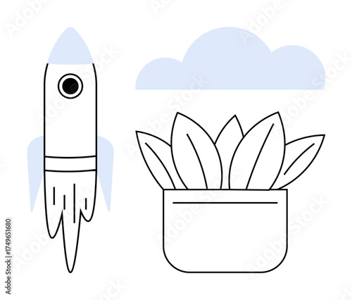 Rocket taking off next to plant in pot under cloud. Ideal for startup, innovation, growth, sustainability, environment, nature, futuristic design. Minimalist flat metaphor