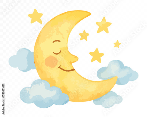 Sweet watercolor crescent moon with smiling face surrounded by golden stars and fluffy blue clouds, cozy dreamy nursery night sky illustration for baby decor. Vector illustration.