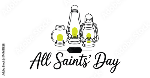 All Saints’ Day lantern illustration with glowing yellow lights and decorative script text, symbolic design for spiritual remembrance and honor