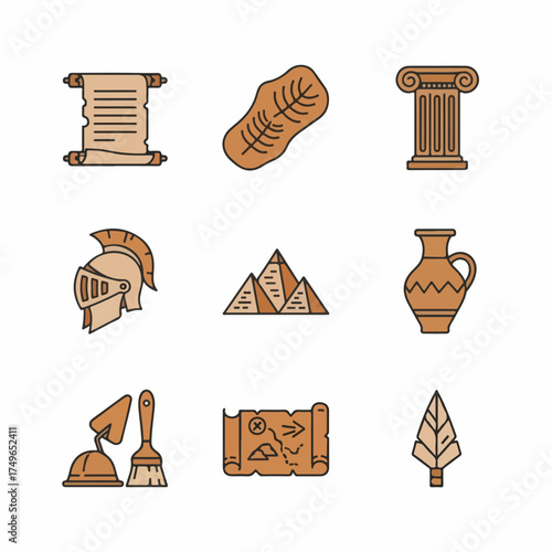 Collection of historical and archaeological icons representing ancient civilizations, exploration, and discovery. Featuring scrolls, fossils, pyramids, helmets, pottery, maps, and excavation tools.