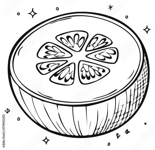 Stylized Fresh Cucumber Slice Illustration Black and White Line Art Design