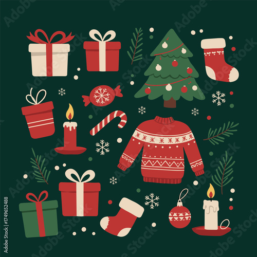 Christmas Element Set, Christmas Collection, Christmas icons, including Santa, reindeer, wreath, ornaments, and more holiday elements, perfect for seasonal designs and celebrations