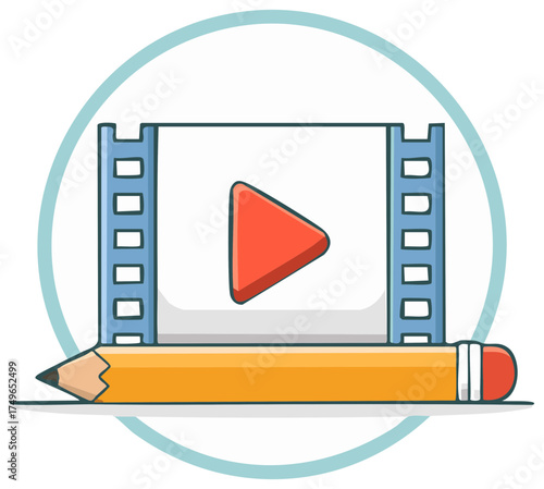 Illustrated film strip with play button and a pencil symbolizing video content creation and editing