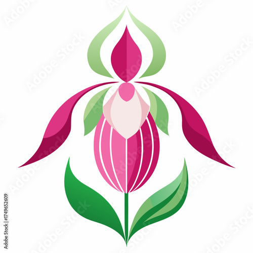  lady's slipper pink and white flower silhouette on white