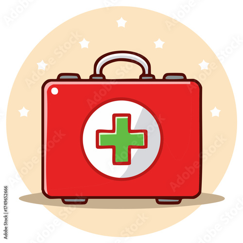 Red first aid kit with green cross symbol for medical emergencies and healthcare