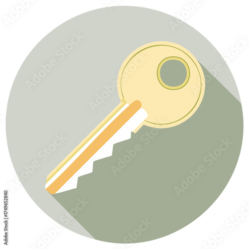 Illustration of a Gold Key with Long Shadow in a Light Green Circle. Lock Access Control Symbol.