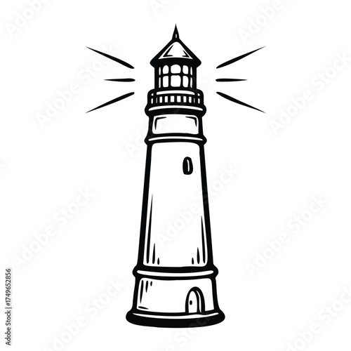 Tall lighthouse with radiating light beams tower beacon