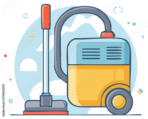Cartoon illustration of a retro vacuum cleaner, home cleaning equipment.